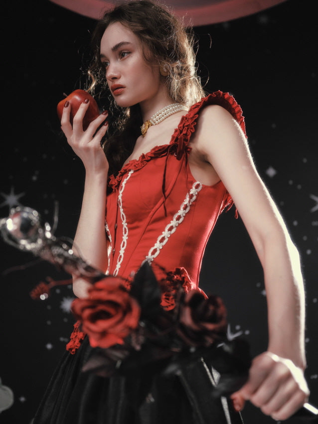 Crimson Lace-Up Corset with Rose Detail – Vintage Fairytale Corset Top Skirt / L