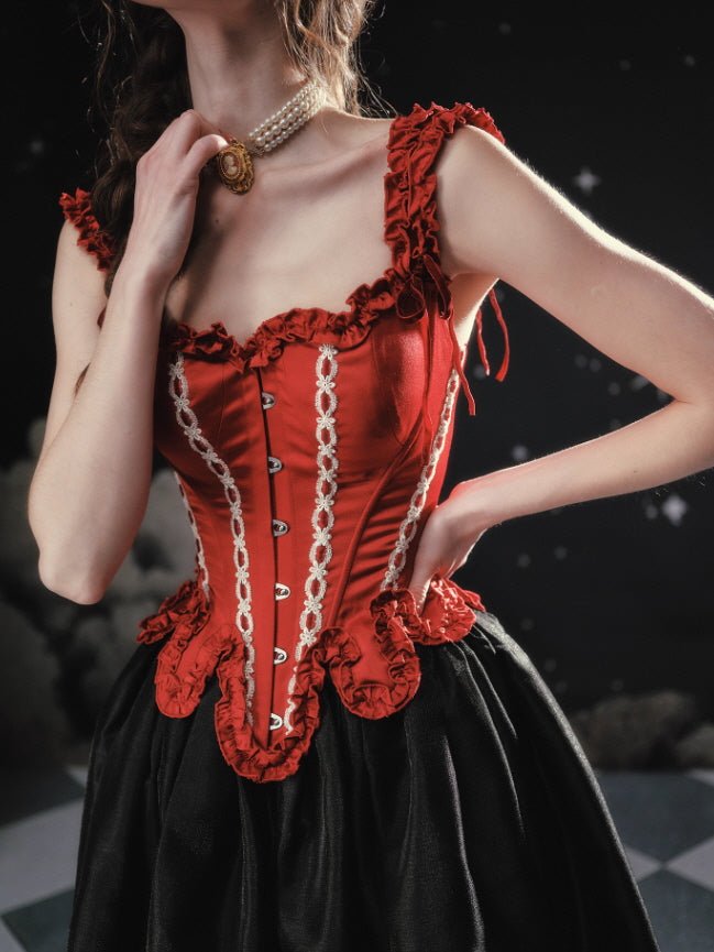 Crimson Lace-Up Corset with Rose Detail  Vintage Fairytale Corset Top Skirt / L