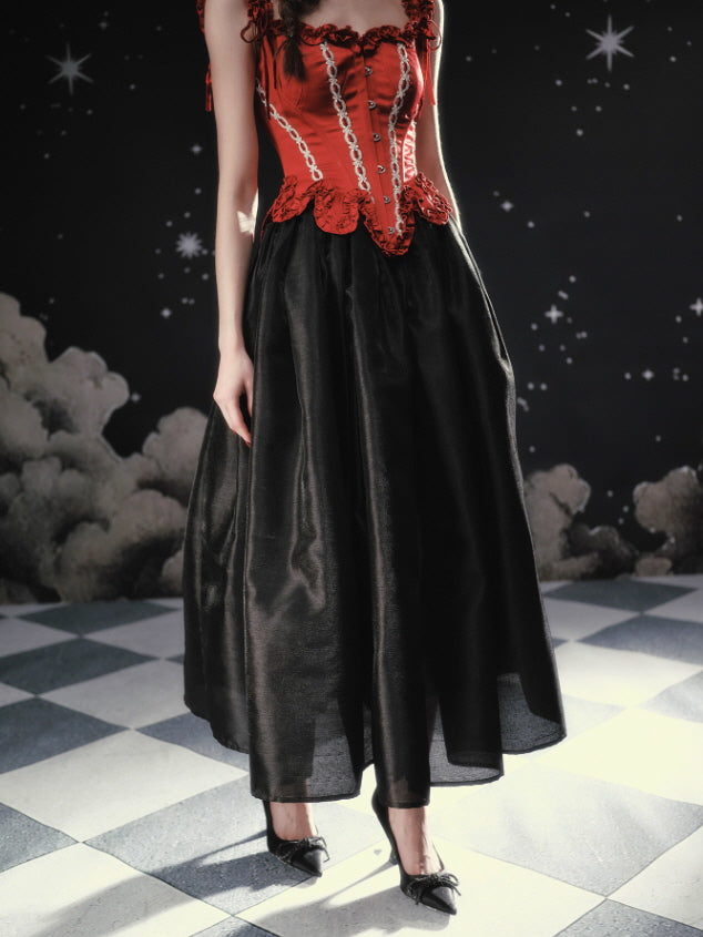 Crimson Lace-Up Corset with Rose Detail – Vintage Fairytale Corset Top Skirt / M
