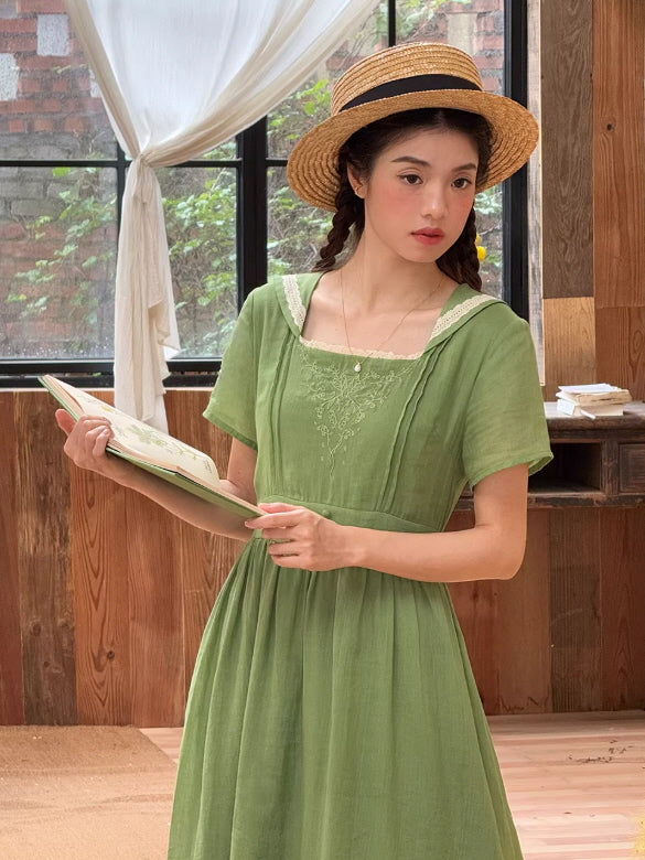 slim fit dress slacks Sage Green Floral Embroidered Dress