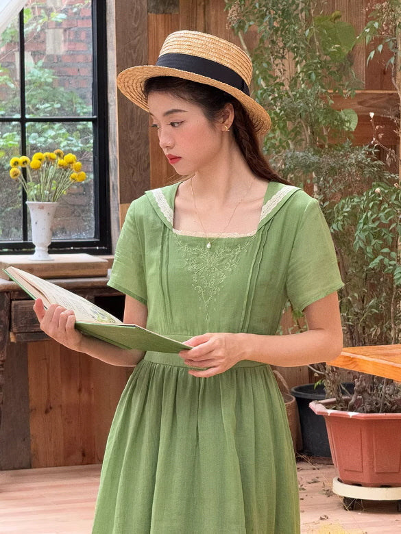 Sage Green Floral Embroidered Dress