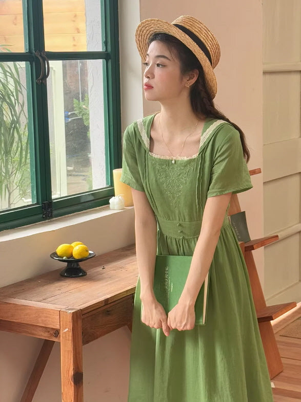Sage Green Floral Embroidered Dress | Cottagecore & Vintage Style Sage Green Floral Embroidered Dress | Cottagecore & Vintage Style