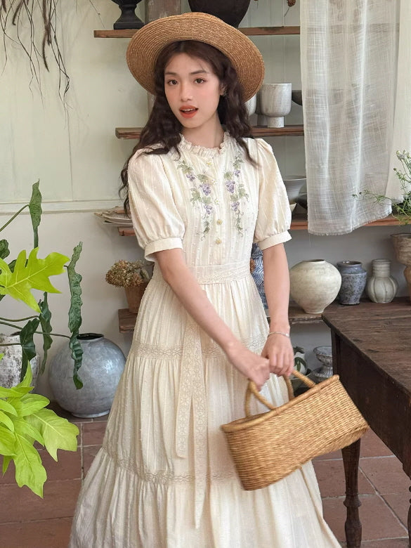 Vintage Grape Embroidered Cottagecore Dress