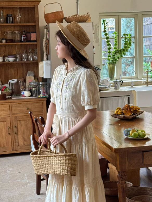 Vintage Grape Embroidered Cottagecore Dress