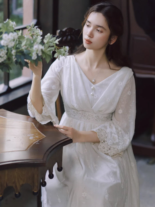 vintage cottagecore white lace dress with floral embroidery, fairycore romantic style
