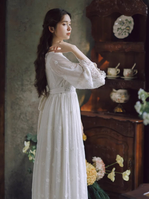 Daytime Story Cottagecore White Lace Dress