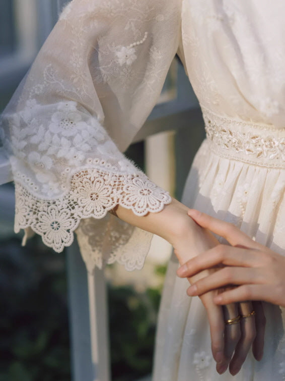Vintage Cottagecore White Lace Dress | Fairycore Romantic Dress