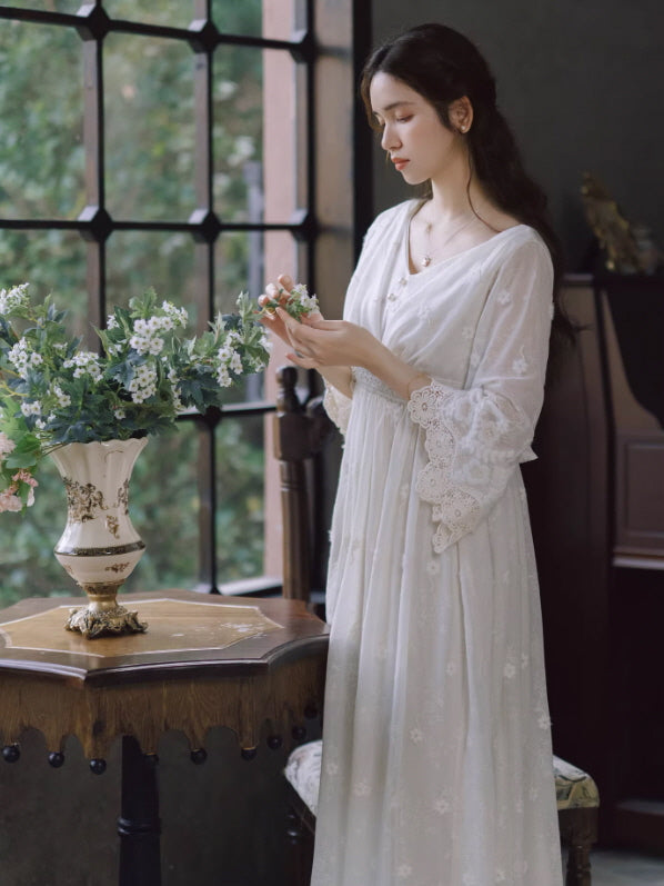 Daytime Story Cottagecore White Lace Dress