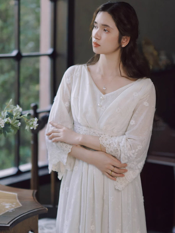 Daytime Story Cottagecore White Lace Dress