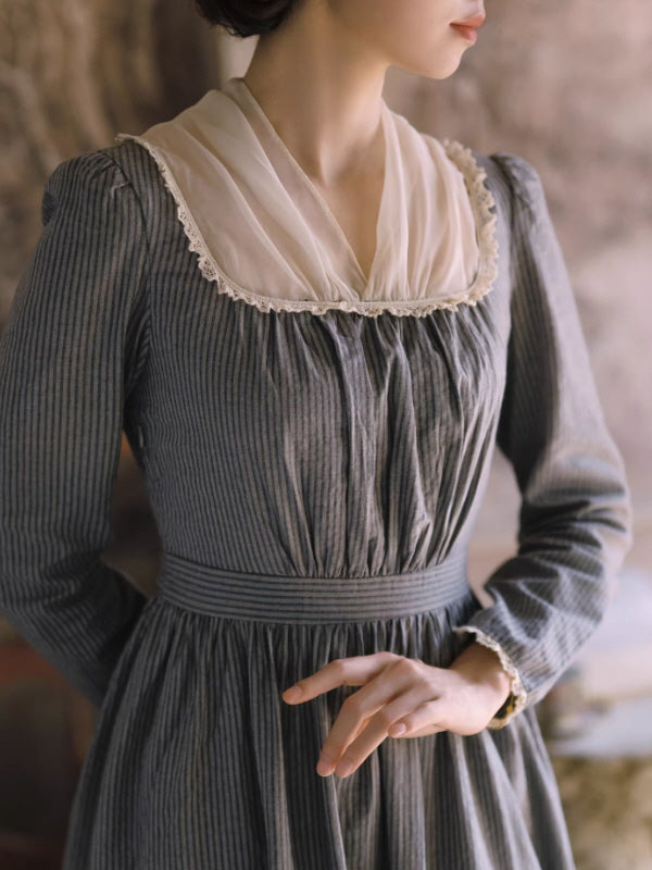 vintage cottagecore gray prairie dress with soft chiffon collar and gathered bodice detail