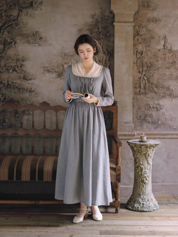 French Country Stripe Cotton Dress | Vintage Cottagecore Dress