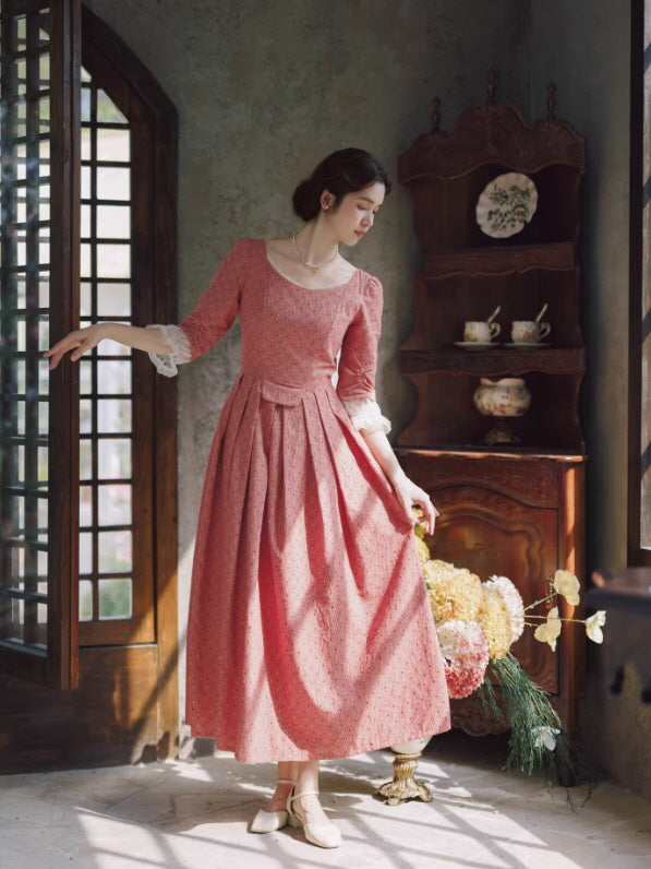 French Vintage Cottagecore Cotton Dress | Romantic Pink Princess Midi Dress Pink(Pre-Sale 15days) / XL French Vintage Cottagecore Cotton Dress | Romantic Pink Princess Midi Dress Pink(Pre-Sale 15days) / XL