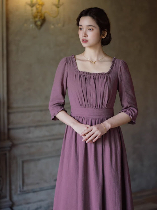 Vintage French countryside style dress in muted mauve cotton featuring ruched square neckline and high waist long skirt, romantic feminine cottagecore fashion