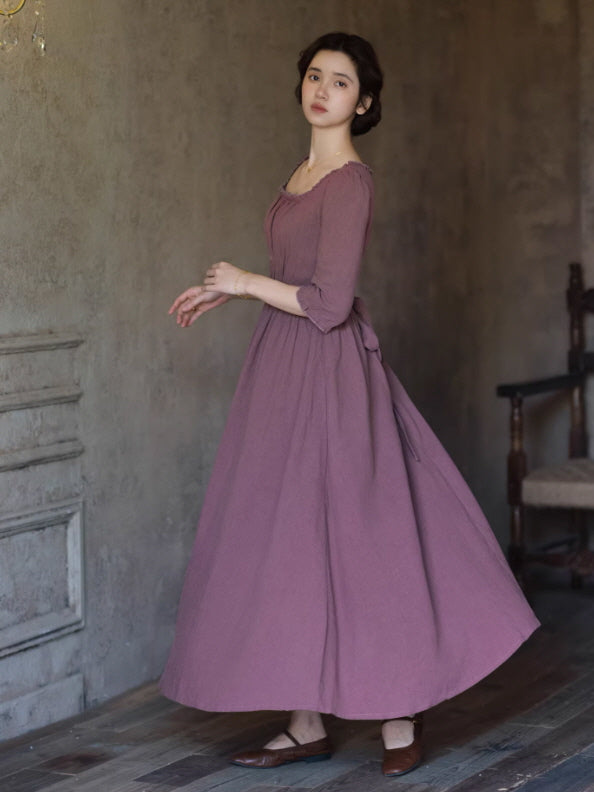 Flowing prairie style maxi dress in dusty mauve cotton with high waist and long skirt, fairycore vintage inspired countryside dress for women