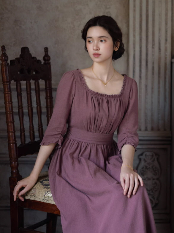 Romantic cottagecore midi dress in dusty rose cotton with square neckline and vintage inspired silhouette, elegant fairycore aesthetic outfit for women