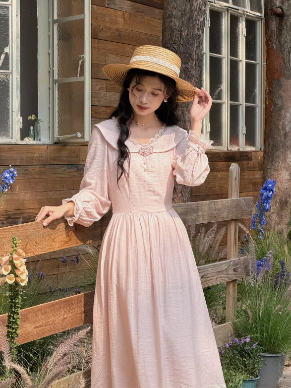 Vintage Embroidered Pink Cottagecore Dress | Romantic Lace Collar Maxi Dress Pink / S Vintage Embroidered Pink Cottagecore Dress | Romantic Lace Collar Maxi Dress Pink / S