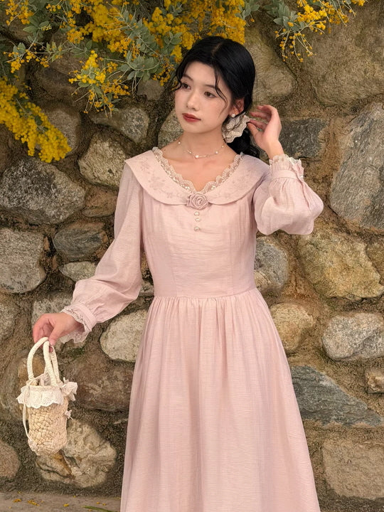 Vintage Embroidered Pink Cottagecore Dress | Romantic Lace Collar Maxi Dress Pink / S Vintage Embroidered Pink Cottagecore Dress | Romantic Lace Collar Maxi Dress Pink / S