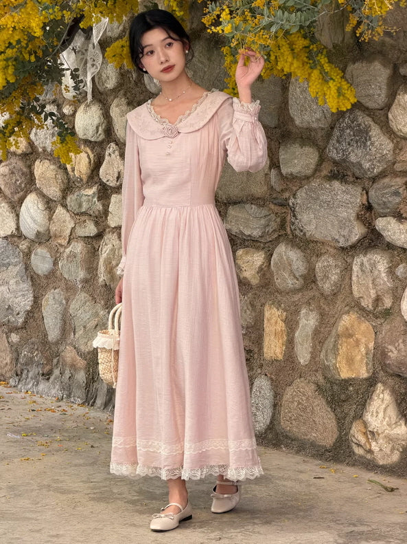 Vintage Embroidered Pink Cottagecore Dress