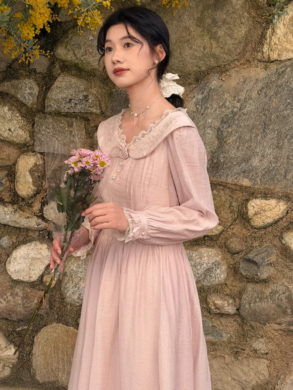 Vintage Embroidered Pink Cottagecore Dress | Romantic Lace Collar Maxi Dress Pink / S