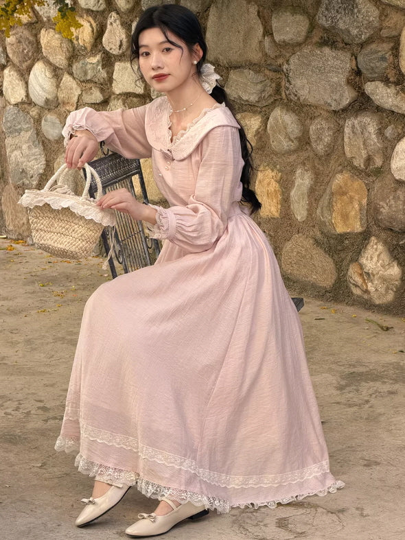Vintage Embroidered Pink Cottagecore Dress | Romantic Lace Collar Maxi Dress Pink / S Vintage Embroidered Pink Cottagecore Dress | Romantic Lace Collar Maxi Dress Pink / S