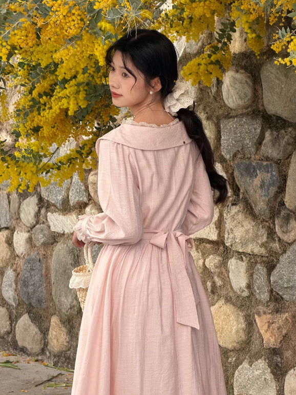 Vintage Embroidered Pink Cottagecore Dress | Romantic Lace Collar Maxi Dress Pink / S