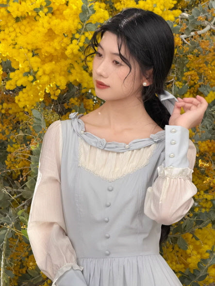 Romantic cottagecore grey vintage dress with chiffon sleeves and delicate lace neckline, soft feminine fairycore aesthetic outfit