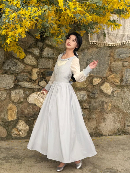 Vintage Grey Blue Cottagecore Dress | Romantic Floral Cotton Maxi Dress Blue / S Vintage Grey Blue Cottagecore Dress | Romantic Floral Cotton Maxi Dress Blue / S