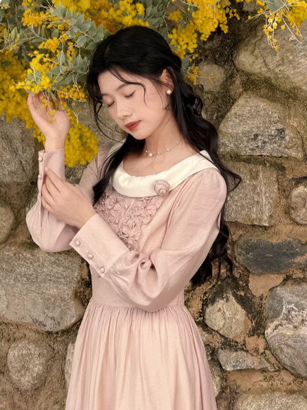 Blush Pink Cottagecore Dress with Rosette Collar