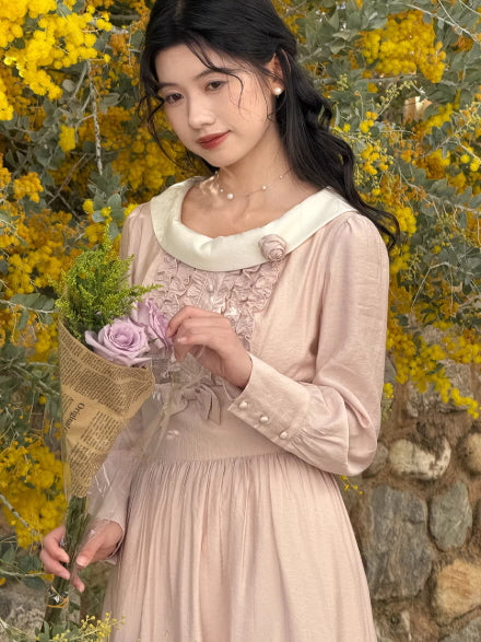 Blush Pink Cottagecore Dress with Rosette Collar | Romantic Vintage Prairie Dress Blush Pink Cottagecore Dress with Rosette Collar | Romantic Vintage Prairie Dress