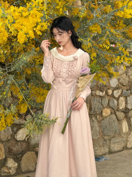 white christmas dresses Blush Pink Cottagecore Dress with Rosette Collar white christmas dresses Blush Pink Cottagecore Dress with Rosette Collar