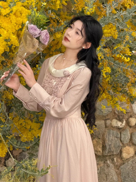 Rosette Collar Blush Pink Cottagecore Dress