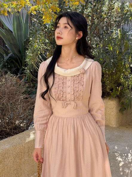 strapless open back dress Blush Pink Cottagecore Dress with Rosette Collar