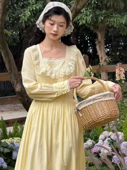 Buttercream Yellow Cottagecore Dress with Lace | Vintage Prairie Style Dress