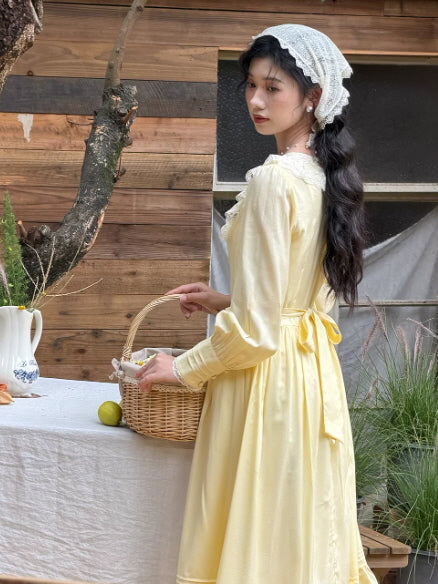Buttercream Lace Prairie Cottagecore Dress - Yellow / S