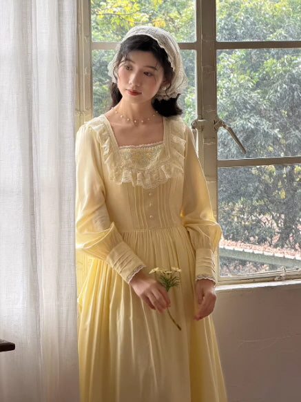 Buttercream Yellow Cottagecore Dress with Lace | Vintage Prairie Style Dress Buttercream Yellow Cottagecore Dress with Lace | Vintage Prairie Style Dress