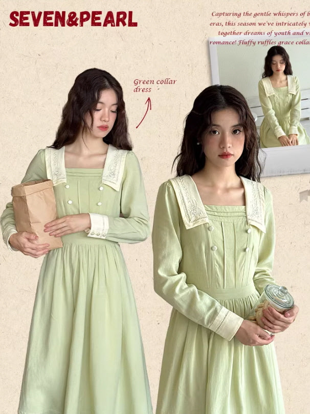 Sage Green Embroidered Collar Cottagecore Prairie Dress