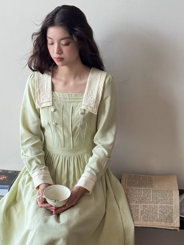 Sage Green Cottagecore Prairie Dress with Embroidered Collar