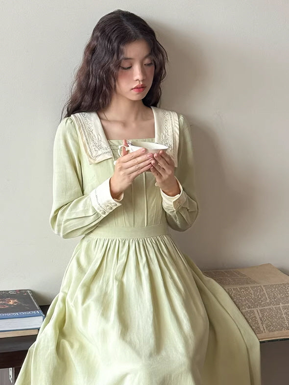 Sage Green Cottagecore Prairie Dress with Embroidered Collar | Vintage Romantic Dress S Sage Green Cottagecore Prairie Dress with Embroidered Collar | Vintage Romantic Dress S