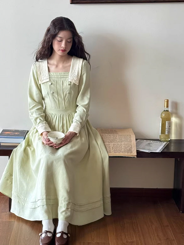 Sage Green Embroidered Collar Cottagecore Prairie Dress
