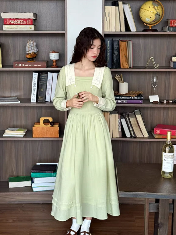 Sage Green Cottagecore Prairie Dress with Embroidered Collar | Vintage Romantic Dress Sage Green Cottagecore Prairie Dress with Embroidered Collar | Vintage Romantic Dress