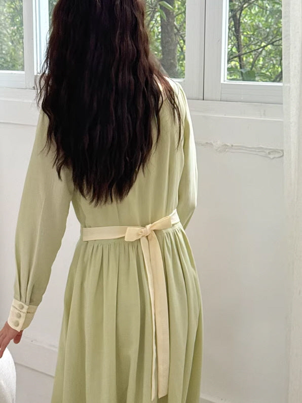 Sage Green Cottagecore Prairie Dress with Embroidered Collar