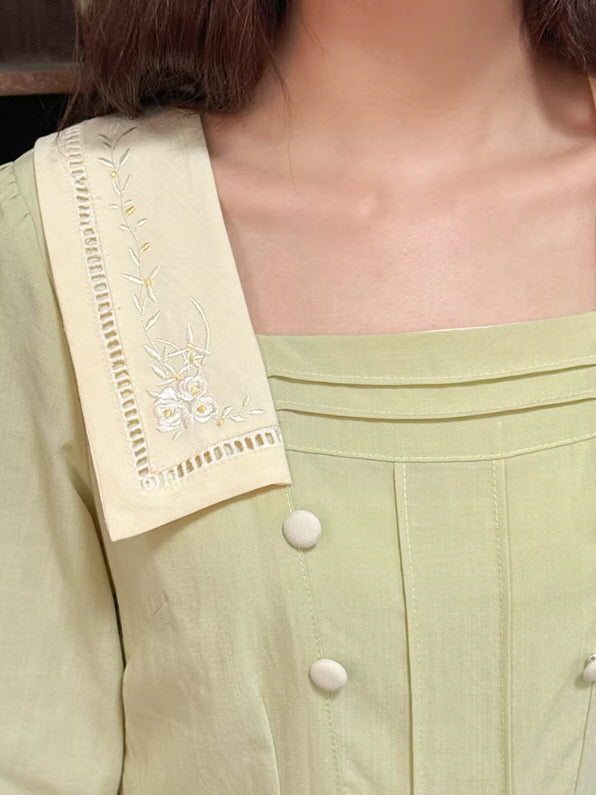 Sage Green Cottagecore Prairie Dress with Embroidered Collar