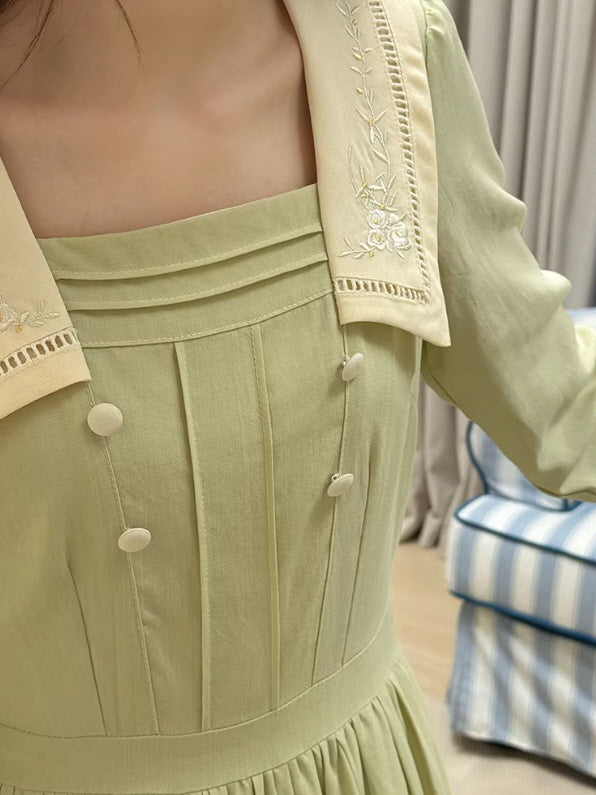 Sage Green Cottagecore Prairie Dress with Embroidered Collar | Vintage Romantic Dress S Sage Green Cottagecore Prairie Dress with Embroidered Collar | Vintage Romantic Dress S
