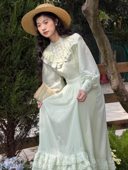 Sage Green Lace Ruffle Cottagecore Dress