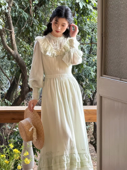 Sage Green Lace Ruffle Cottagecore Dress | Vintage Prairie Maxi Dress M Sage Green Lace Ruffle Cottagecore Dress | Vintage Prairie Maxi Dress M