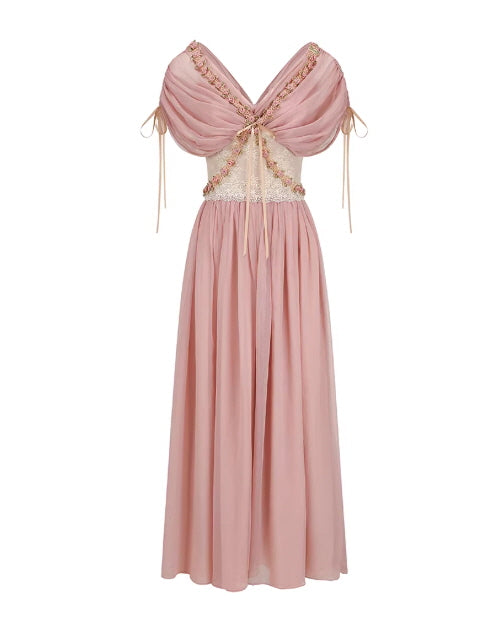 Blush Pink Chiffon Princess Dress with Floral Embroidery