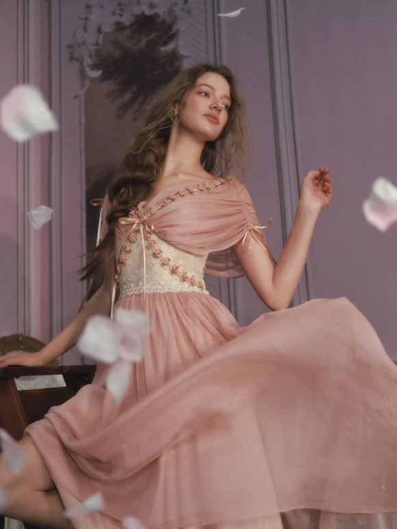 Blush Pink Chiffon Princess Dress with Floral Embroidery | Romantic Vintage Dress Pink / S Blush Pink Chiffon Princess Dress with Floral Embroidery | Romantic Vintage Dress Pink / S