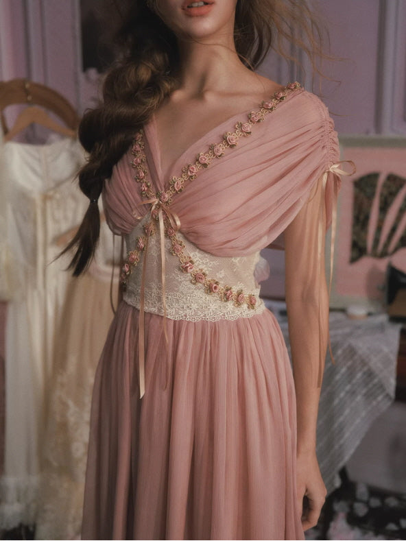 Blush Pink Chiffon Princess Dress with Floral Embroidery | Romantic Vintage Dress Pink / S Blush Pink Chiffon Princess Dress with Floral Embroidery | Romantic Vintage Dress Pink / S