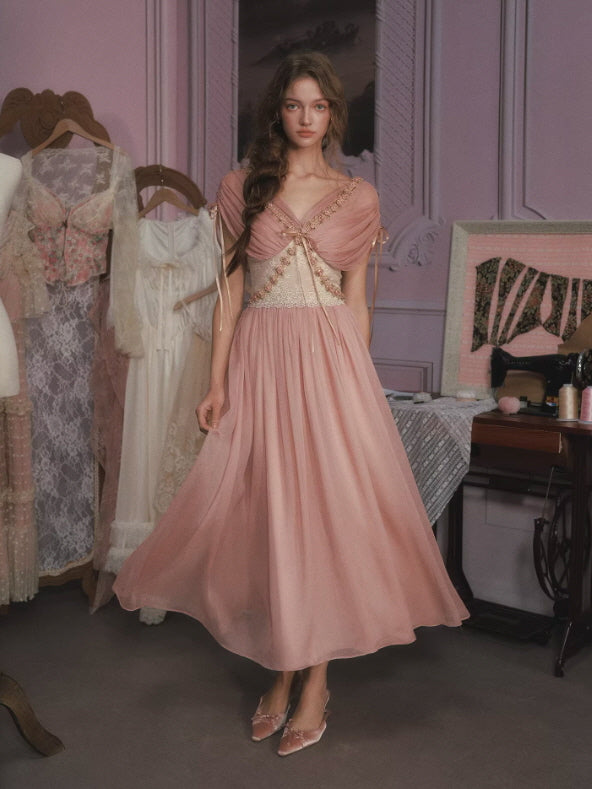Blush Pink Chiffon Princess Dress with Floral Embroidery