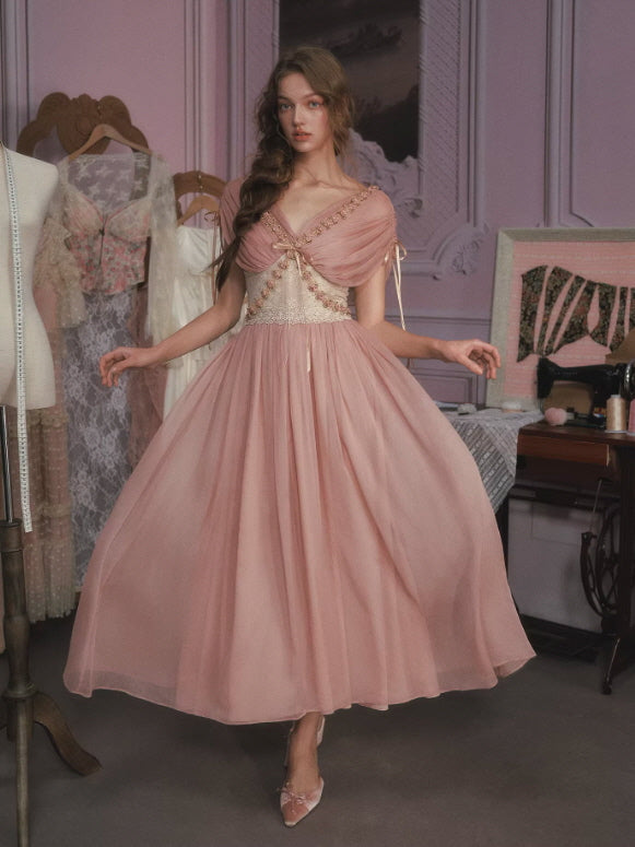 Blush Pink Chiffon Princess Dress with Floral Embroidery | Romantic Vintage Dress Pink / S Blush Pink Chiffon Princess Dress with Floral Embroidery | Romantic Vintage Dress Pink / S